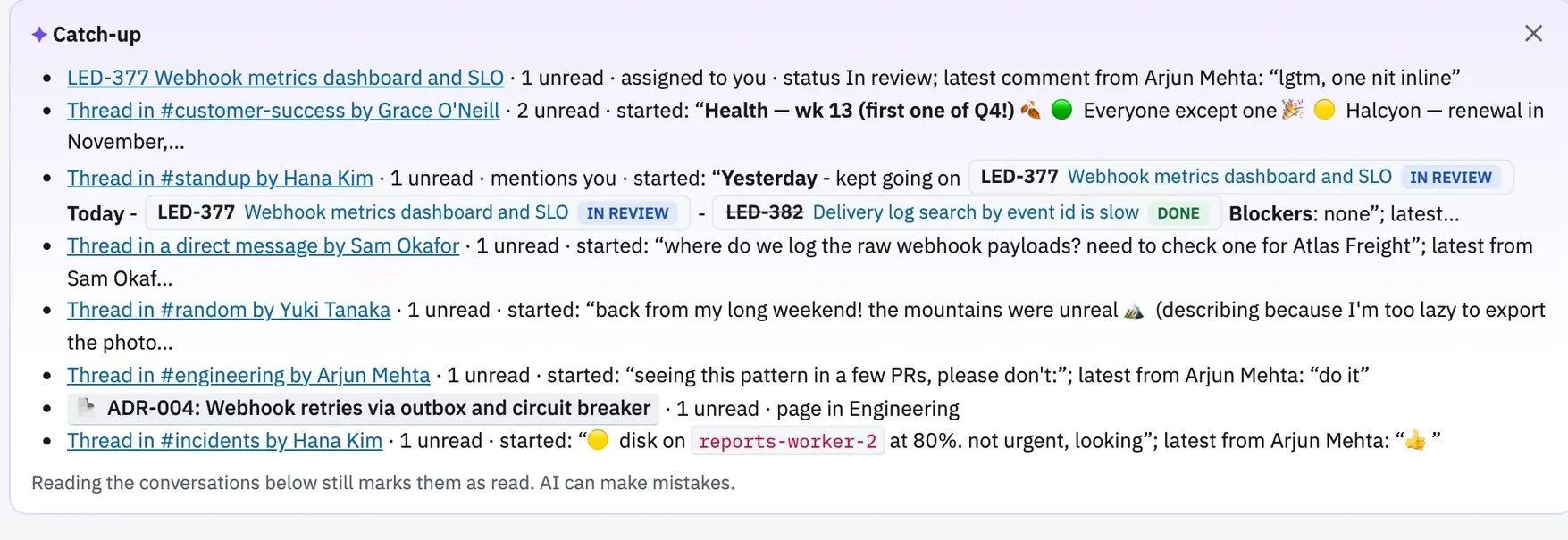 A Kernyl catch-up listing unread threads, an issue assigned to you in review and an edited page, each linked