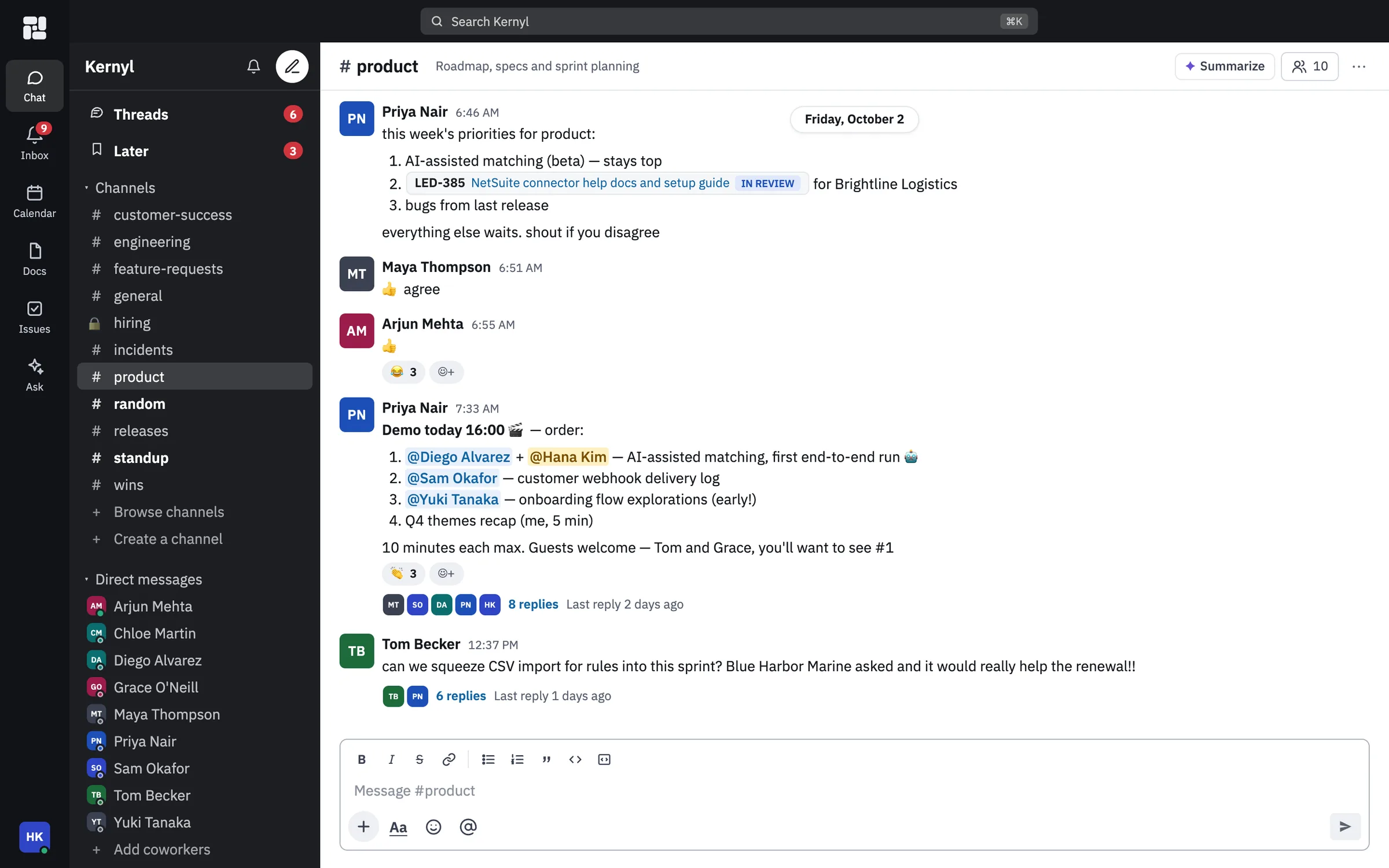 The #product channel in Kernyl Chat: a numbered priority list with a live issue chip, mentions, reactions and threads with replies